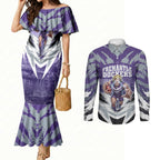 Personalised Fremantle Dockers Football Couples Matching Mermaid Dress and Long Sleeve Button Shirt Anime Warrior Manga Style Lightning Bolt Cityscape