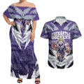 Personalised Fremantle Dockers Football Couples Matching Off Shoulder Maxi Dress and Hawaiian Shirt Anime Warrior Manga Style Lightning Bolt Cityscape