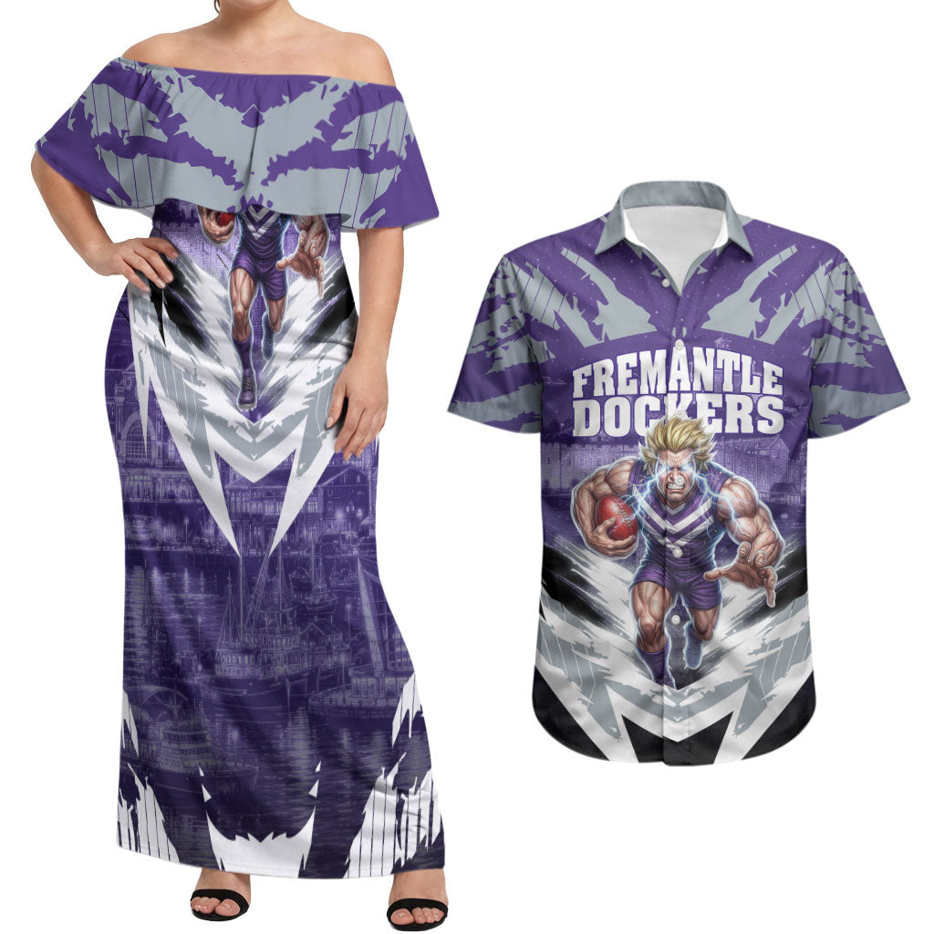 Personalised Fremantle Dockers Football Couples Matching Off Shoulder Maxi Dress and Hawaiian Shirt Anime Warrior Manga Style Lightning Bolt Cityscape