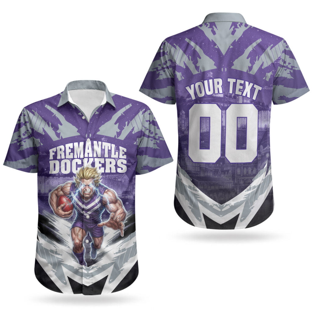Personalised Fremantle Dockers Football Couples Matching Off Shoulder Maxi Dress and Hawaiian Shirt Anime Warrior Manga Style Lightning Bolt Cityscape
