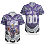 Personalised Fremantle Dockers Football Couples Matching Off Shoulder Maxi Dress and Hawaiian Shirt Anime Warrior Manga Style Lightning Bolt Cityscape