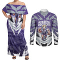 Personalised Fremantle Dockers Football Couples Matching Off Shoulder Maxi Dress and Long Sleeve Button Shirt Anime Warrior Manga Style Lightning Bolt Cityscape