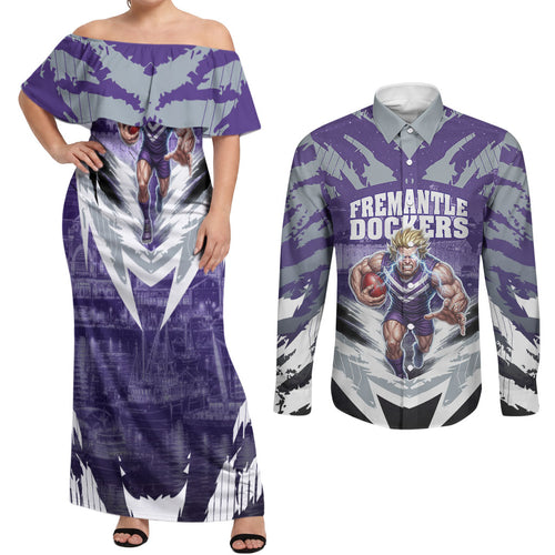 Personalised Fremantle Dockers Football Couples Matching Off Shoulder Maxi Dress and Long Sleeve Button Shirt Anime Warrior Manga Style Lightning Bolt Cityscape