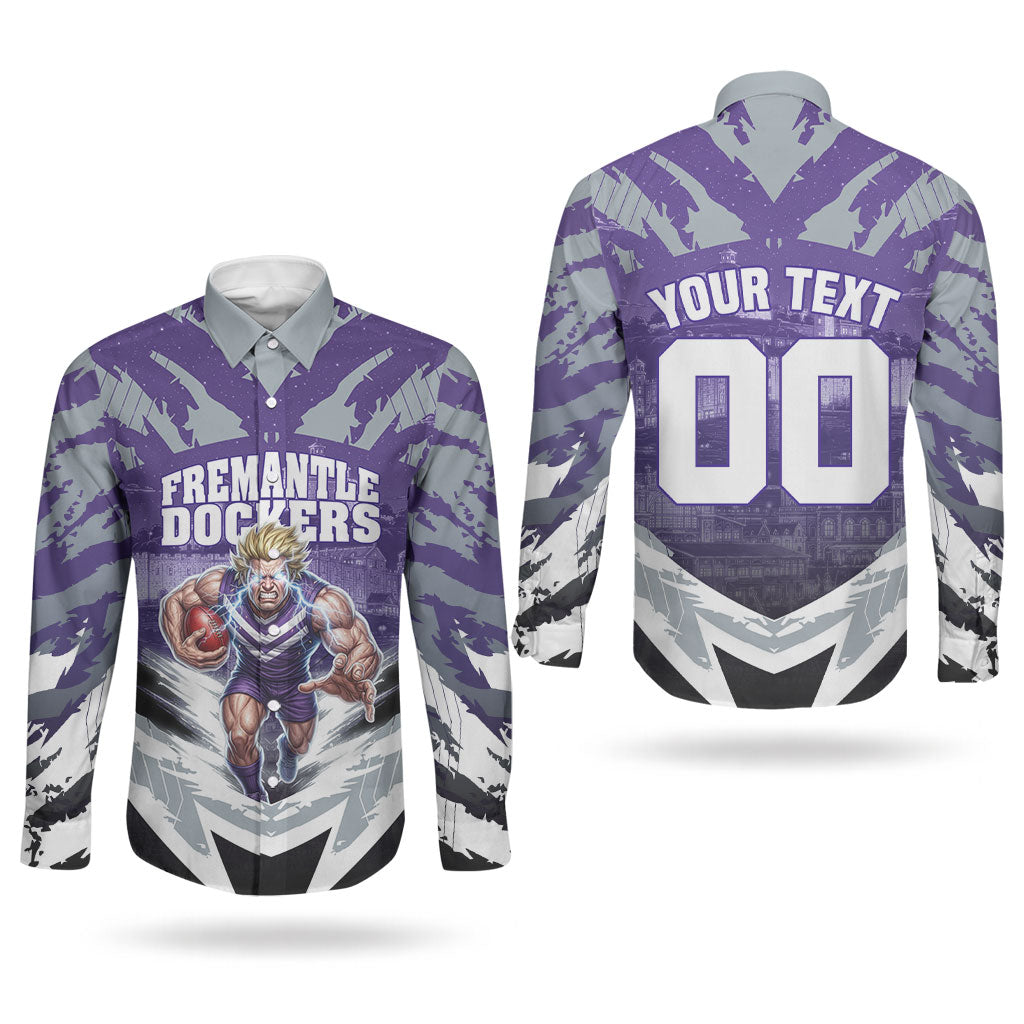 Personalised Fremantle Dockers Football Couples Matching Off Shoulder Maxi Dress and Long Sleeve Button Shirt Anime Warrior Manga Style Lightning Bolt Cityscape
