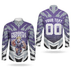Personalised Fremantle Dockers Football Couples Matching Off Shoulder Maxi Dress and Long Sleeve Button Shirt Anime Warrior Manga Style Lightning Bolt Cityscape