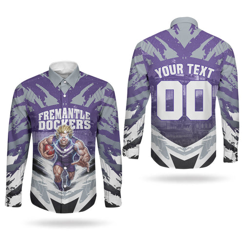 Personalised Fremantle Dockers Football Couples Matching Off Shoulder Maxi Dress and Long Sleeve Button Shirt Anime Warrior Manga Style Lightning Bolt Cityscape