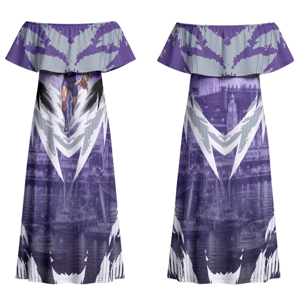 Personalised Fremantle Dockers Football Couples Matching Off Shoulder Maxi Dress and Long Sleeve Button Shirt Anime Warrior Manga Style Lightning Bolt Cityscape