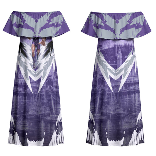 Personalised Fremantle Dockers Football Couples Matching Off Shoulder Maxi Dress and Long Sleeve Button Shirt Anime Warrior Manga Style Lightning Bolt Cityscape