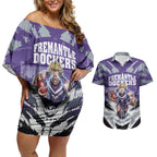 Personalised Fremantle Dockers Football Couples Matching Off Shoulder Short Dress and Hawaiian Shirt Anime Warrior Manga Style Lightning Bolt Cityscape