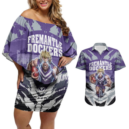 Personalised Fremantle Dockers Football Couples Matching Off Shoulder Short Dress and Hawaiian Shirt Anime Warrior Manga Style Lightning Bolt Cityscape