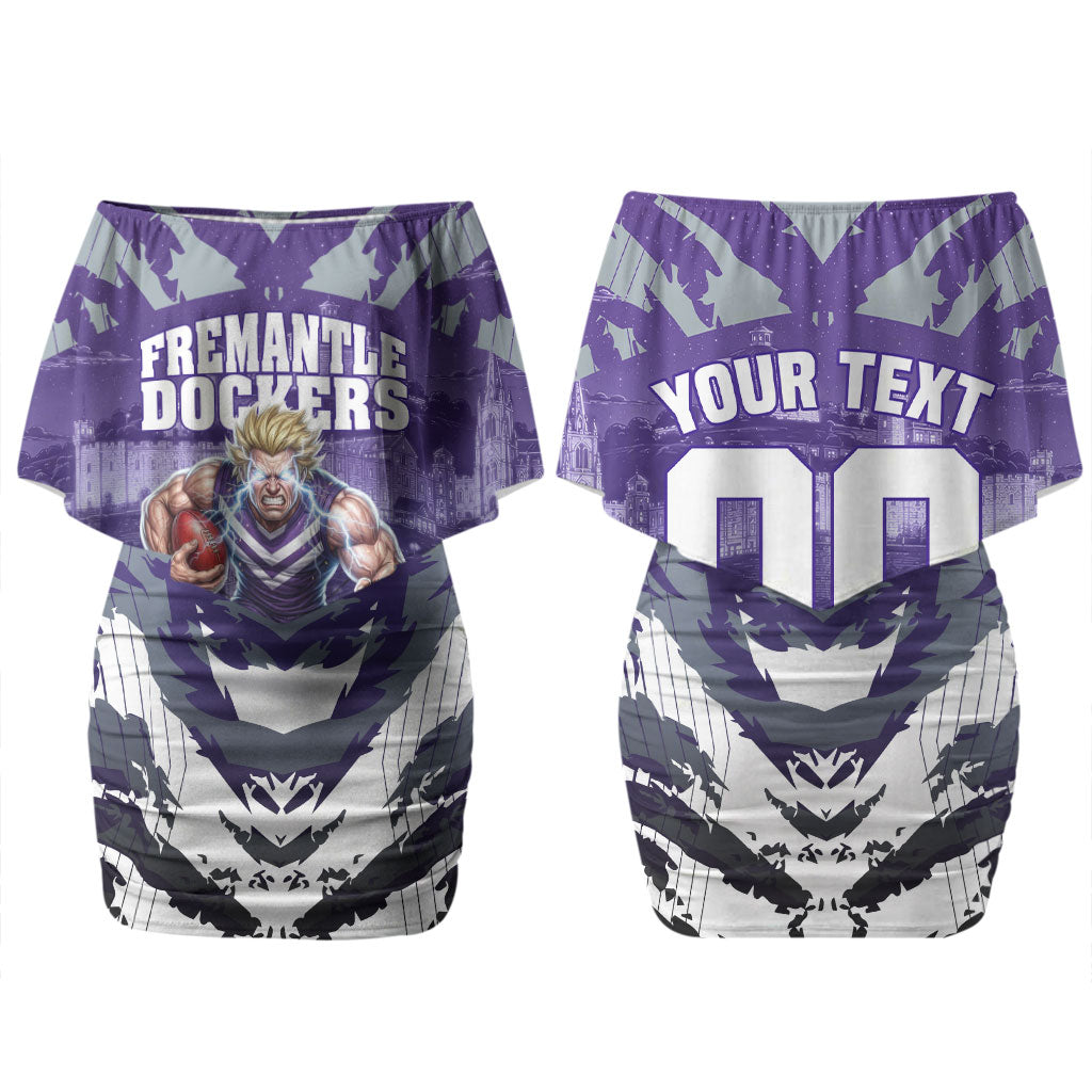 Personalised Fremantle Dockers Football Couples Matching Off Shoulder Short Dress and Hawaiian Shirt Anime Warrior Manga Style Lightning Bolt Cityscape