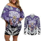 Personalised Fremantle Dockers Football Couples Matching Off Shoulder Short Dress and Long Sleeve Button Shirt Anime Warrior Manga Style Lightning Bolt Cityscape