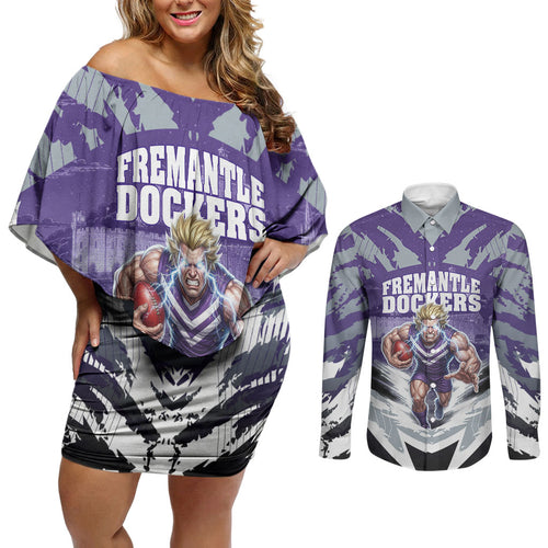 Personalised Fremantle Dockers Football Couples Matching Off Shoulder Short Dress and Long Sleeve Button Shirt Anime Warrior Manga Style Lightning Bolt Cityscape