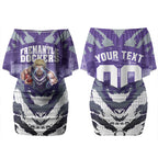 Personalised Fremantle Dockers Football Couples Matching Off Shoulder Short Dress and Long Sleeve Button Shirt Anime Warrior Manga Style Lightning Bolt Cityscape