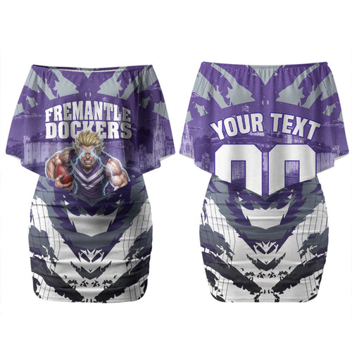 Personalised Fremantle Dockers Football Couples Matching Off Shoulder Short Dress and Long Sleeve Button Shirt Anime Warrior Manga Style Lightning Bolt Cityscape