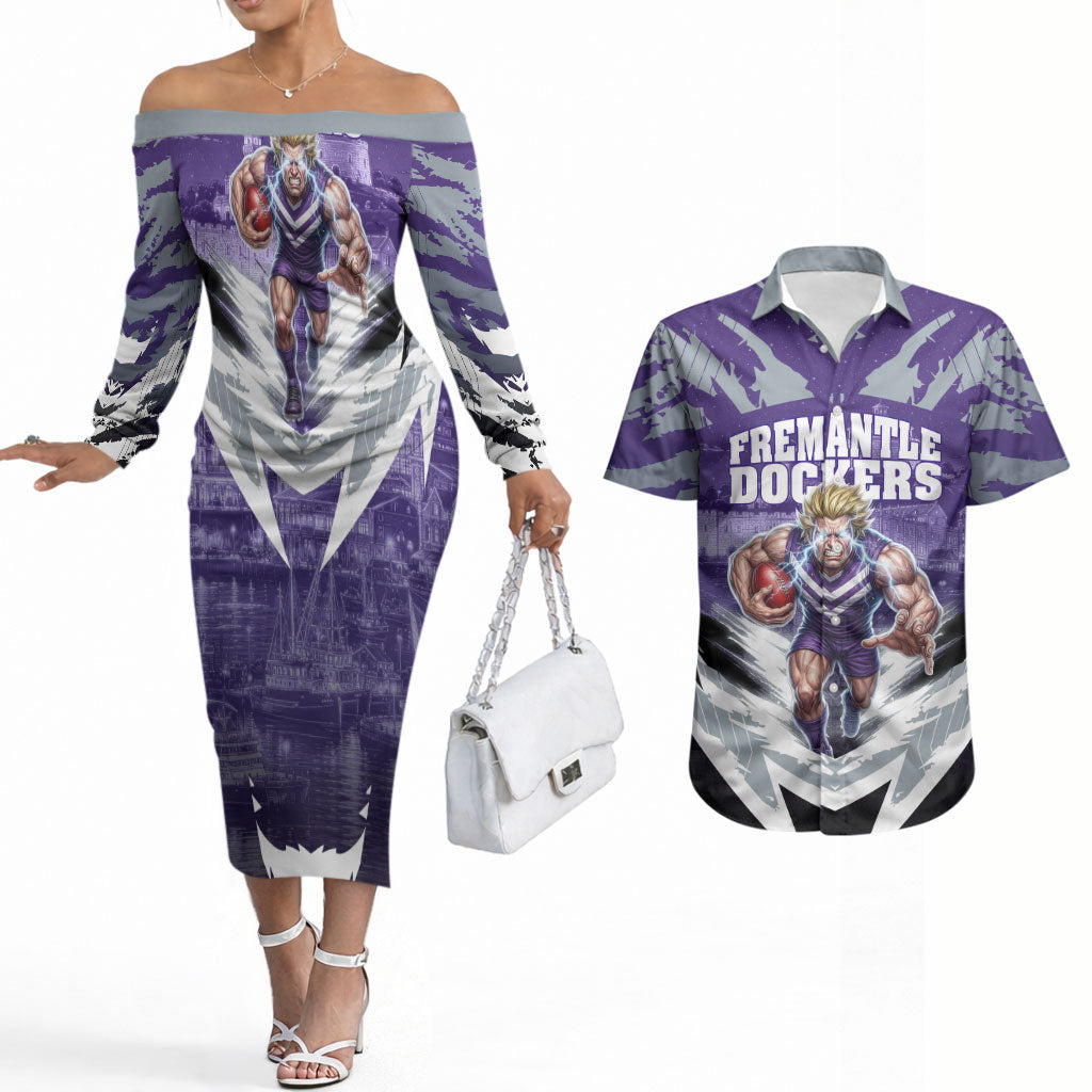 Personalised Fremantle Dockers Football Couples Matching Off The Shoulder Long Sleeve Dress and Hawaiian Shirt Anime Warrior Manga Style Lightning Bolt Cityscape