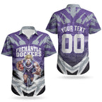 Personalised Fremantle Dockers Football Couples Matching Off The Shoulder Long Sleeve Dress and Hawaiian Shirt Anime Warrior Manga Style Lightning Bolt Cityscape