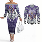 Personalised Fremantle Dockers Football Couples Matching Off The Shoulder Long Sleeve Dress and Long Sleeve Button Shirt Anime Warrior Manga Style Lightning Bolt Cityscape