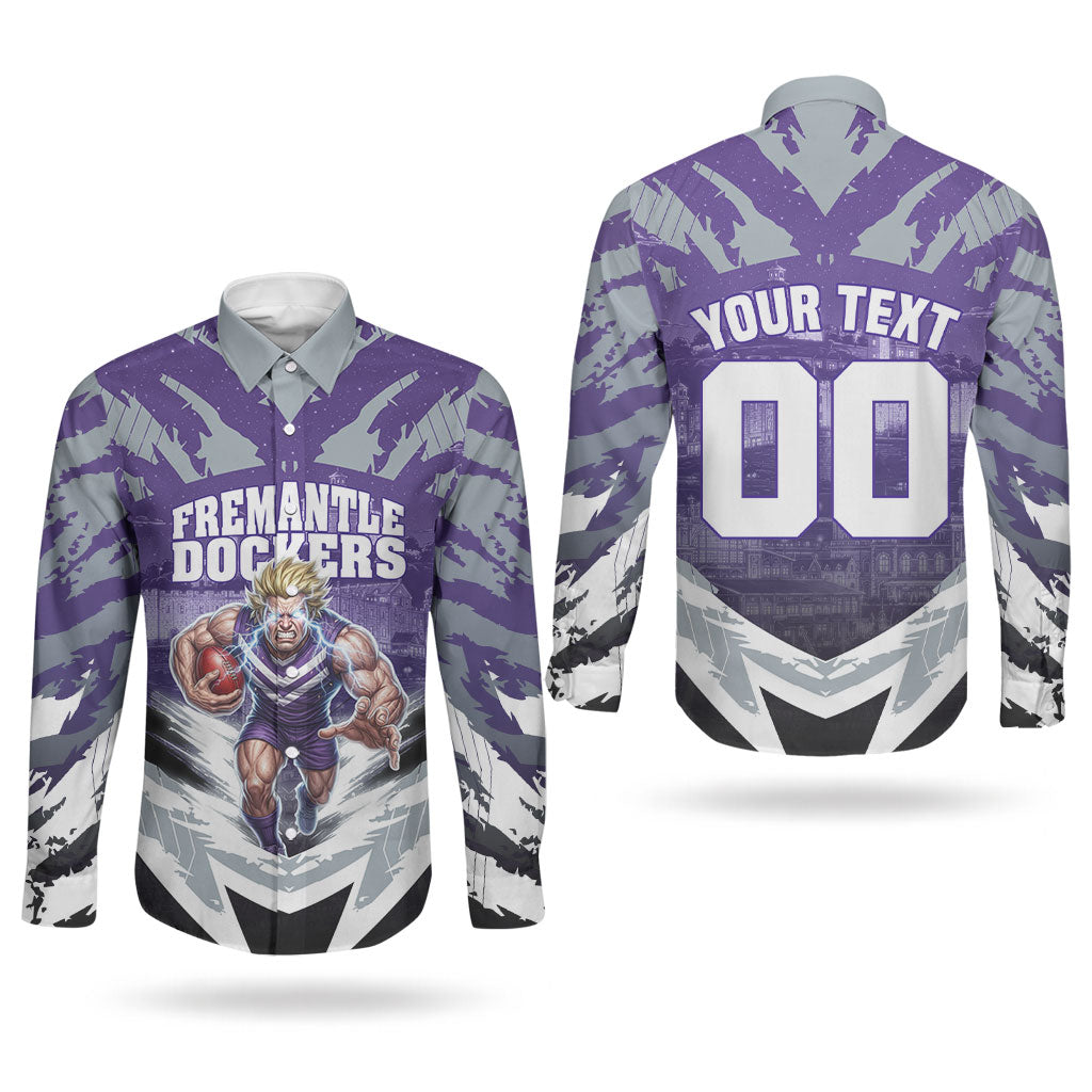 Personalised Fremantle Dockers Football Couples Matching Off The Shoulder Long Sleeve Dress and Long Sleeve Button Shirt Anime Warrior Manga Style Lightning Bolt Cityscape