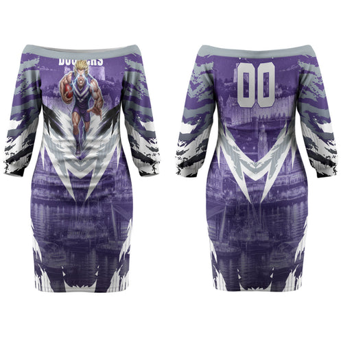 Personalised Fremantle Dockers Football Couples Matching Off The Shoulder Long Sleeve Dress and Long Sleeve Button Shirt Anime Warrior Manga Style Lightning Bolt Cityscape