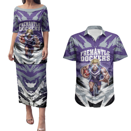 Personalised Fremantle Dockers Football Couples Matching Puletasi and Hawaiian Shirt Anime Warrior Manga Style Lightning Bolt Cityscape