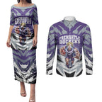 Personalised Fremantle Dockers Football Couples Matching Puletasi and Long Sleeve Button Shirt Anime Warrior Manga Style Lightning Bolt Cityscape