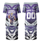 Personalised Fremantle Dockers Football Couples Matching Puletasi and Long Sleeve Button Shirt Anime Warrior Manga Style Lightning Bolt Cityscape