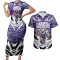 Personalised Fremantle Dockers Football Couples Matching Short Sleeve Bodycon Dress and Hawaiian Shirt Anime Warrior Manga Style Lightning Bolt Cityscape