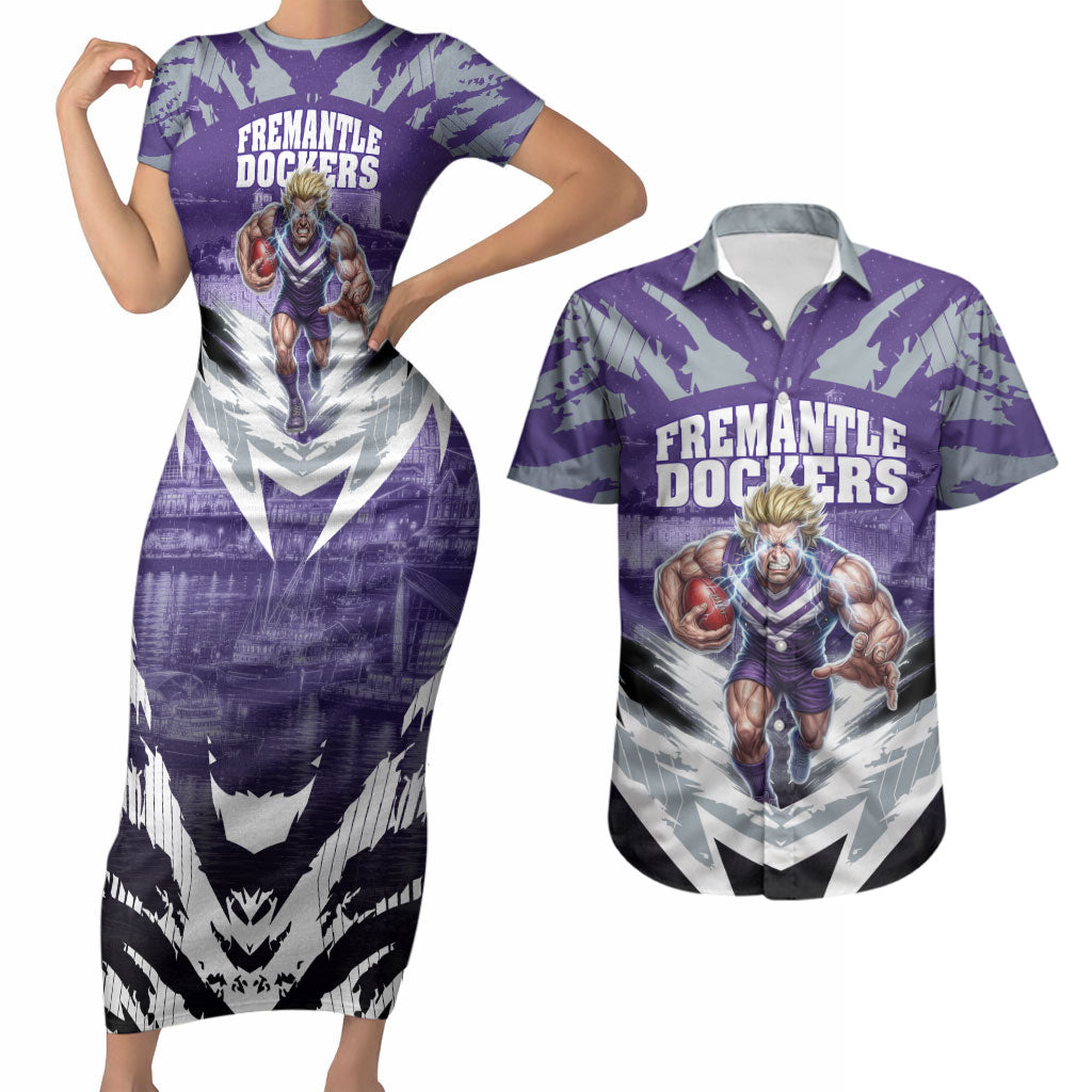 Personalised Fremantle Dockers Football Couples Matching Short Sleeve Bodycon Dress and Hawaiian Shirt Anime Warrior Manga Style Lightning Bolt Cityscape