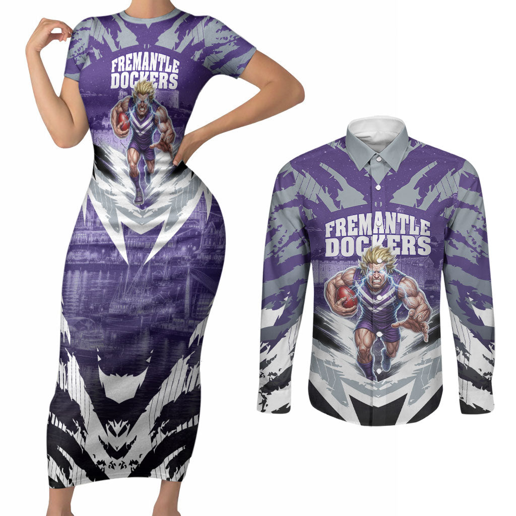 Personalised Fremantle Dockers Football Couples Matching Short Sleeve Bodycon Dress and Long Sleeve Button Shirt Anime Warrior Manga Style Lightning Bolt Cityscape