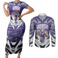 Personalised Fremantle Dockers Football Couples Matching Short Sleeve Bodycon Dress and Long Sleeve Button Shirt Anime Warrior Manga Style Lightning Bolt Cityscape