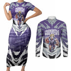 Personalised Fremantle Dockers Football Couples Matching Short Sleeve Bodycon Dress and Long Sleeve Button Shirt Anime Warrior Manga Style Lightning Bolt Cityscape