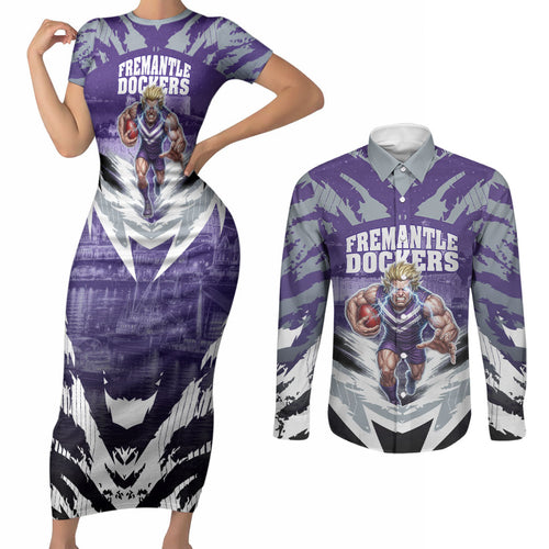Personalised Fremantle Dockers Football Couples Matching Short Sleeve Bodycon Dress and Long Sleeve Button Shirt Anime Warrior Manga Style Lightning Bolt Cityscape