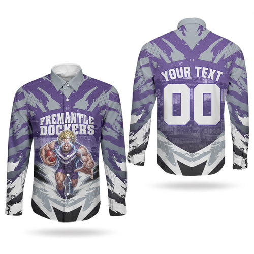 Personalised Fremantle Dockers Football Couples Matching Short Sleeve Bodycon Dress and Long Sleeve Button Shirt Anime Warrior Manga Style Lightning Bolt Cityscape