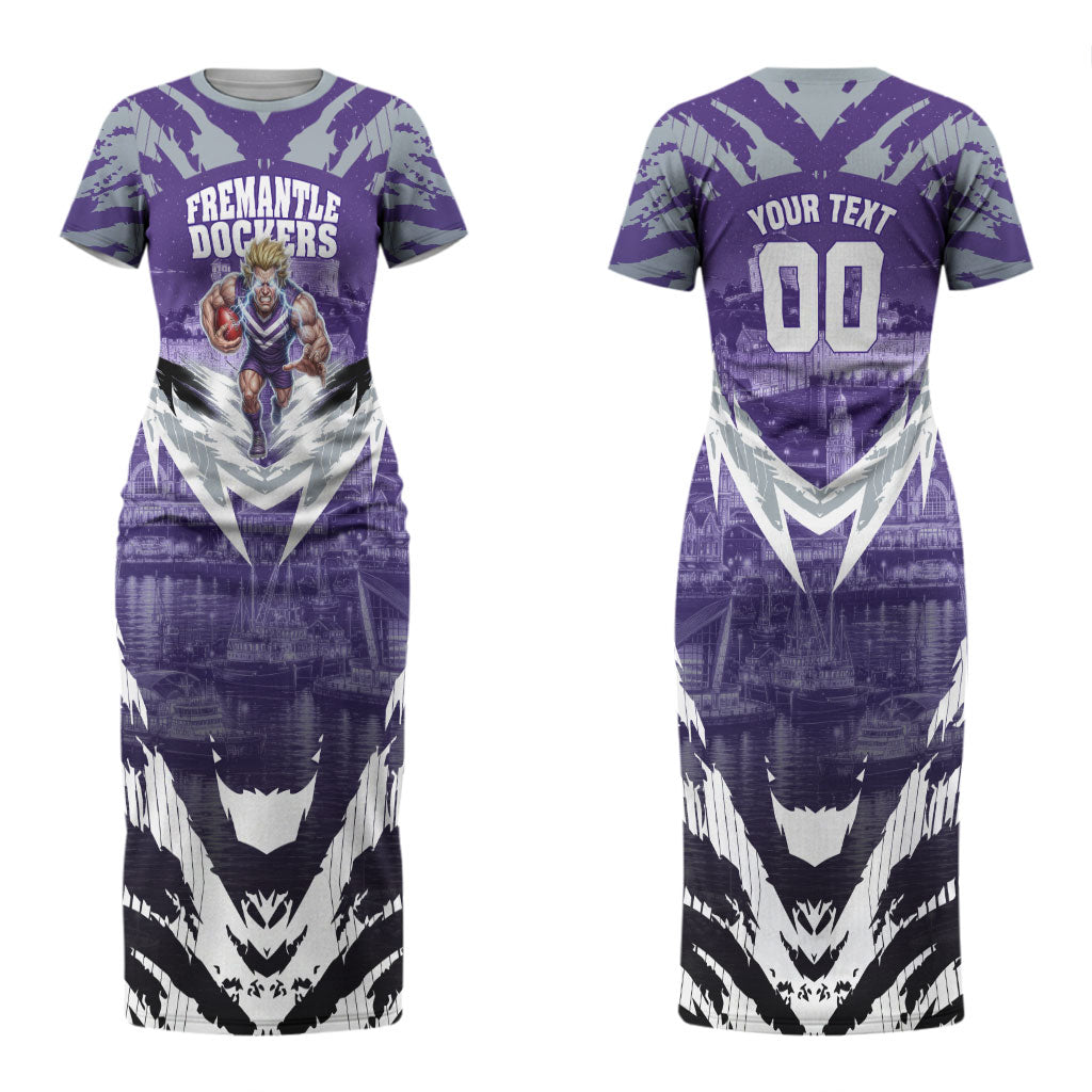 Personalised Fremantle Dockers Football Couples Matching Short Sleeve Bodycon Dress and Long Sleeve Button Shirt Anime Warrior Manga Style Lightning Bolt Cityscape