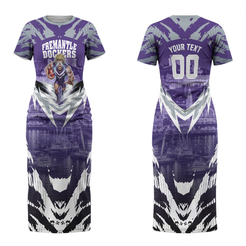 Personalised Fremantle Dockers Football Couples Matching Short Sleeve Bodycon Dress and Long Sleeve Button Shirt Anime Warrior Manga Style Lightning Bolt Cityscape