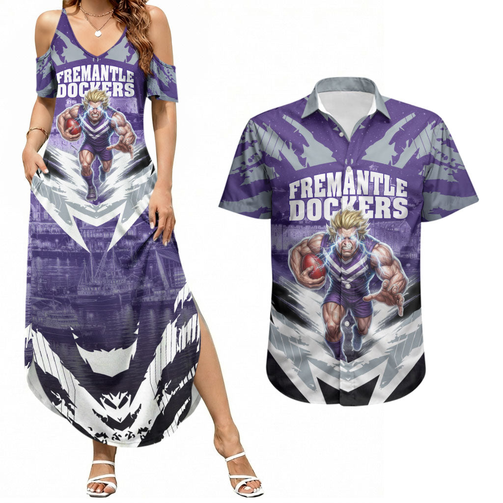 Personalised Fremantle Dockers Football Couples Matching Summer Maxi Dress and Hawaiian Shirt Anime Warrior Manga Style Lightning Bolt Cityscape