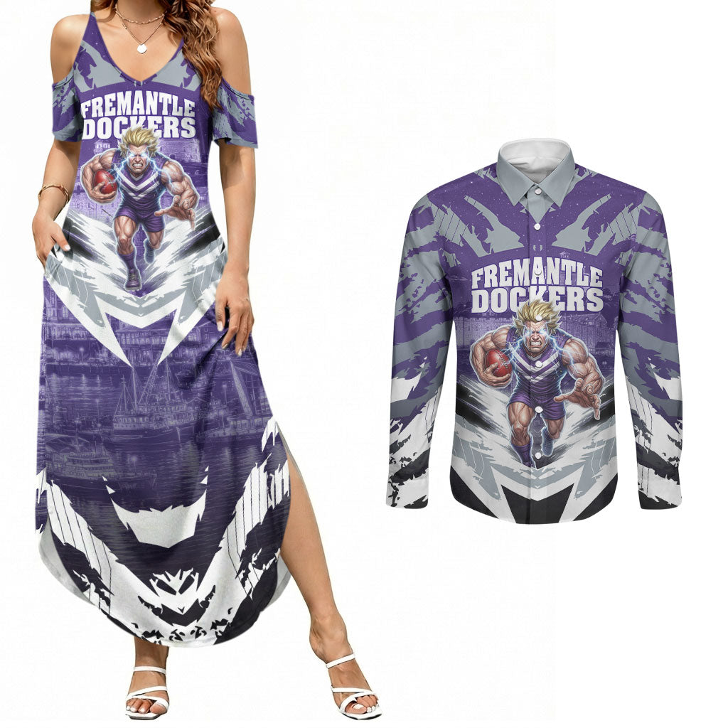 Personalised Fremantle Dockers Football Couples Matching Summer Maxi Dress and Long Sleeve Button Shirt Anime Warrior Manga Style Lightning Bolt Cityscape
