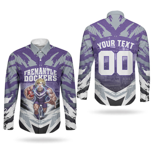 Personalised Fremantle Dockers Football Couples Matching Summer Maxi Dress and Long Sleeve Button Shirt Anime Warrior Manga Style Lightning Bolt Cityscape