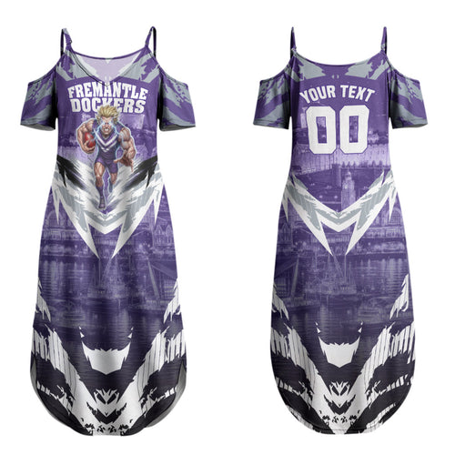 Personalised Fremantle Dockers Football Couples Matching Summer Maxi Dress and Long Sleeve Button Shirt Anime Warrior Manga Style Lightning Bolt Cityscape