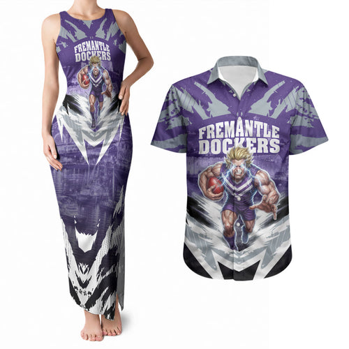 Personalised Fremantle Dockers Football Couples Matching Tank Maxi Dress and Hawaiian Shirt Anime Warrior Manga Style Lightning Bolt Cityscape
