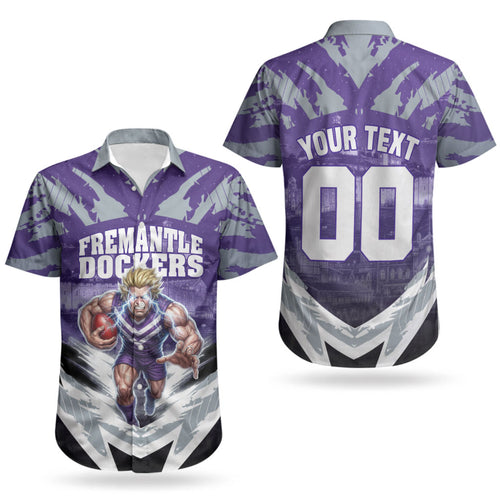 Personalised Fremantle Dockers Football Couples Matching Tank Maxi Dress and Hawaiian Shirt Anime Warrior Manga Style Lightning Bolt Cityscape