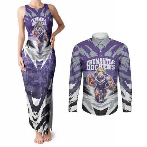 Personalised Fremantle Dockers Football Couples Matching Tank Maxi Dress and Long Sleeve Button Shirt Anime Warrior Manga Style Lightning Bolt Cityscape