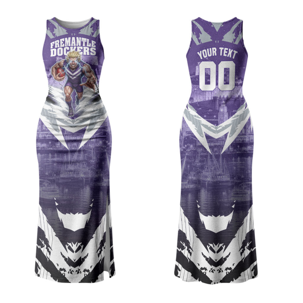 Personalised Fremantle Dockers Football Couples Matching Tank Maxi Dress and Long Sleeve Button Shirt Anime Warrior Manga Style Lightning Bolt Cityscape