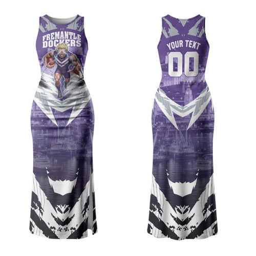 Personalised Fremantle Dockers Football Couples Matching Tank Maxi Dress and Long Sleeve Button Shirt Anime Warrior Manga Style Lightning Bolt Cityscape