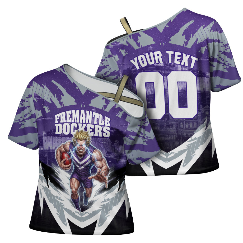 Personalised Fremantle Dockers Football Cross Shoulder Shirt Anime Warrior Manga Style Lightning Bolt Cityscape
