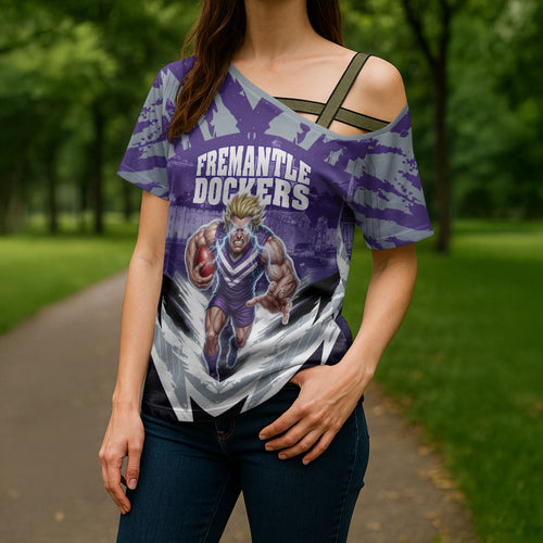 Personalised Fremantle Dockers Football Cross Shoulder Shirt Anime Warrior Manga Style Lightning Bolt Cityscape