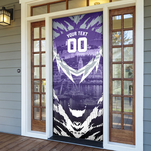 Personalised Fremantle Dockers Football Door Cover Anime Warrior Manga Style Lightning Bolt Cityscape