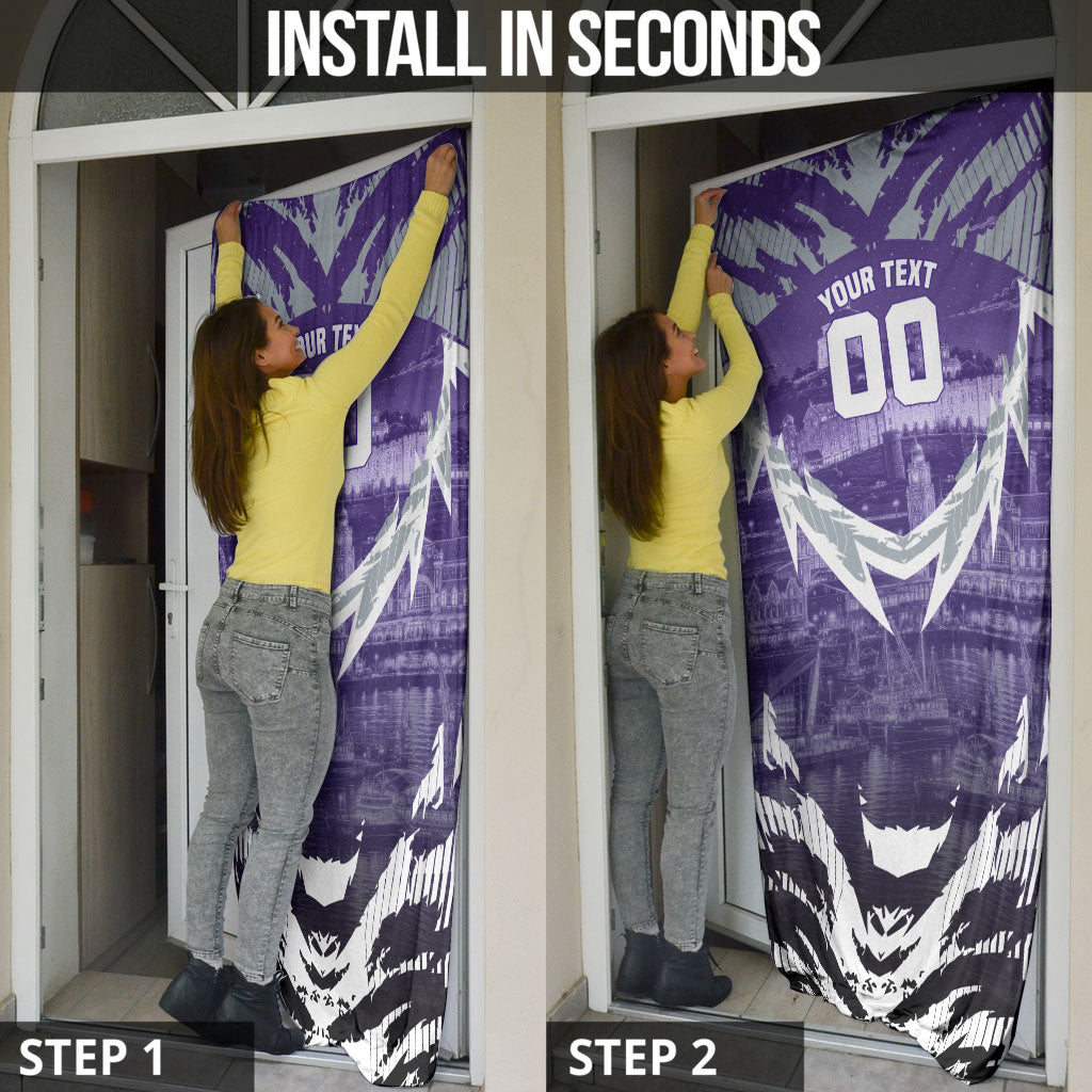 Personalised Fremantle Dockers Football Door Cover Anime Warrior Manga Style Lightning Bolt Cityscape