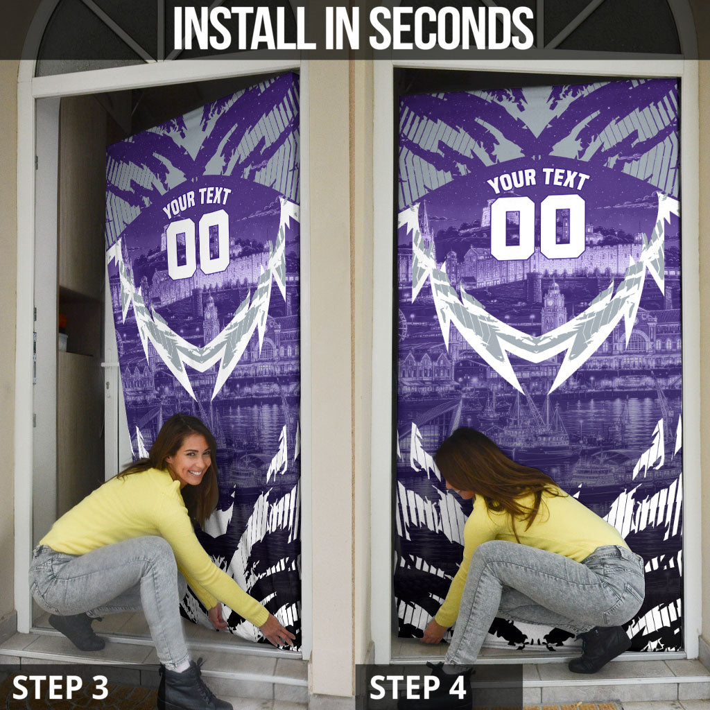 Personalised Fremantle Dockers Football Door Cover Anime Warrior Manga Style Lightning Bolt Cityscape